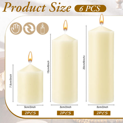 MTLEE 6 Pcs Pillar Candles 3 Set 2 in x 3, 6, 8 Inch Smokeless Dripless Unscented Pillar Candles Long Clean Burning Wax for Wedding Dinner Party Spa Emergency Ceremony Home Decor (Ivory White)