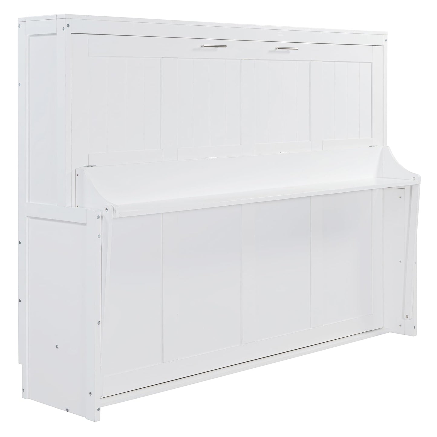 Ball & Cast Horizontal Murphy Bed Queen Size,Hidden Folding Wall Bed Frame with Hydraulic Lift&Desk,Wood Cabinet Platform Bed can be Folded into Desk,Space Saving for Bedroom,Guest Room,White
