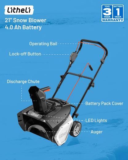 Litheli Cordless Snow Blower, 40V Brushless Electric Snow Thrower with Wheels, 180° Adjustable Chute, LED Light, Easy Maneuver Snow Removal Kit with Battery for Driveway