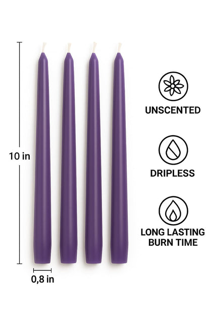 Dinil Purple Taper Candles - 10 Inch Unscented Dripless Smokeless Candlesticks Set of 4 | Perfect for Fall, Halloween, Thanksgiving, Dinner, Wedding and Party Decoration