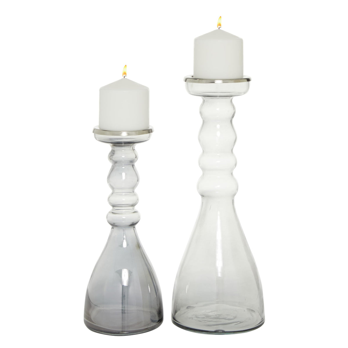 The Novogratz Glass Handmade Bubble Pillar Candle Holder, Set of 2 11", 14"H, Gray