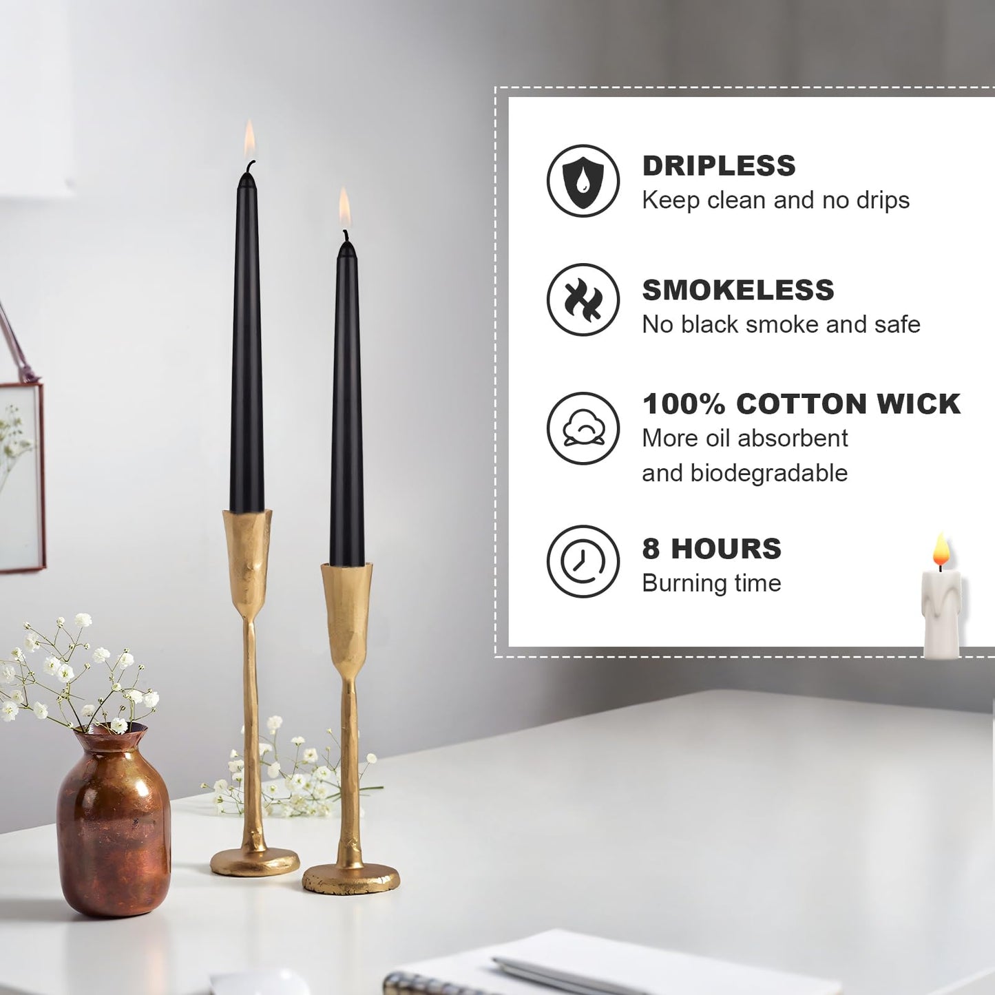 Ksefey 10 Inch Black Taper Candles Set of 6 - Dripless,Unscented,8 Hours Burn Time-Perfect for Wedding,Dinner,Party and Home Decor