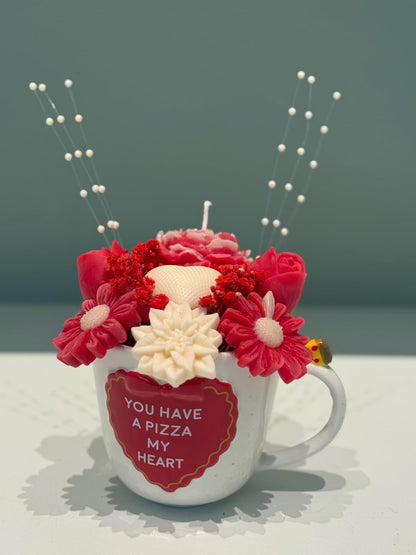 Valentine Floral Candle Arrangement in Mug – Handcrafted Soy Wax Flower Bouquet – Romantic Gift for Her – Red & Blush Decorative Home Décor – Valentine Edition No. 24