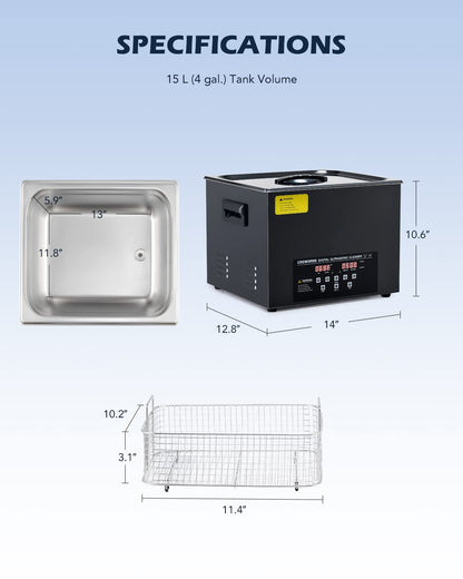 CREWORKS 15L Digital Ultrasonic Cleaning Machine with Degas and Gentle Mode, 360W Ultrasonic Cleaner with Heater and Timer, 40kHz Ultrasound Cleaner for Industrial Parts Carburetor Auto Tool