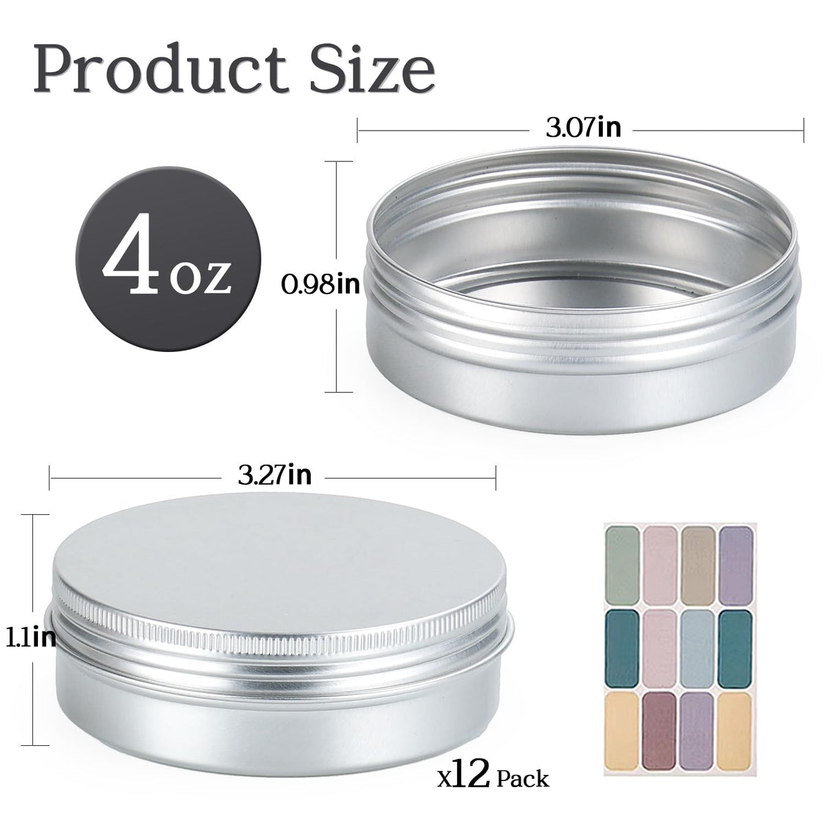 LIYAR 12 Pack 4 oz Tins with Lids, Round Salve Tins 4oz Tin, Wide Mouth Aluminum Tin with Lids 4oz Metal Containers Salve Containers for Spices,Candles or Salve(Silver)