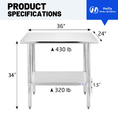 Hally Stainless Steel Table for Prep & Work 24 x 36 Inches, NSF Commercial Heavy Duty Table with Undershelf and Galvanized Legs for Restaurant, Home and Hotel