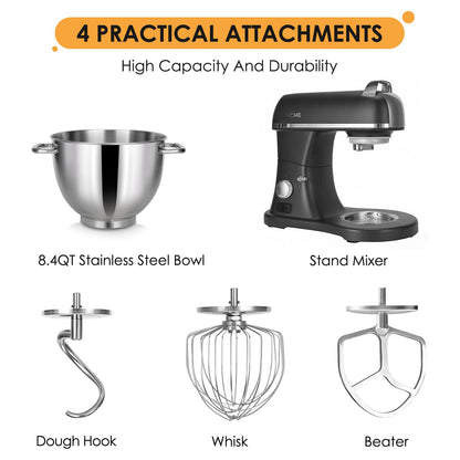 8.4QT Commercial Stand Mixer 800W with Aluminum Die Casting Meets the Standard of NSF/ANSI 8-2023, Mixers Kitchen Electric Stand Mixer with Stainless Steel 8L Bowl, Dough Hook, Whisk and Beater, Black