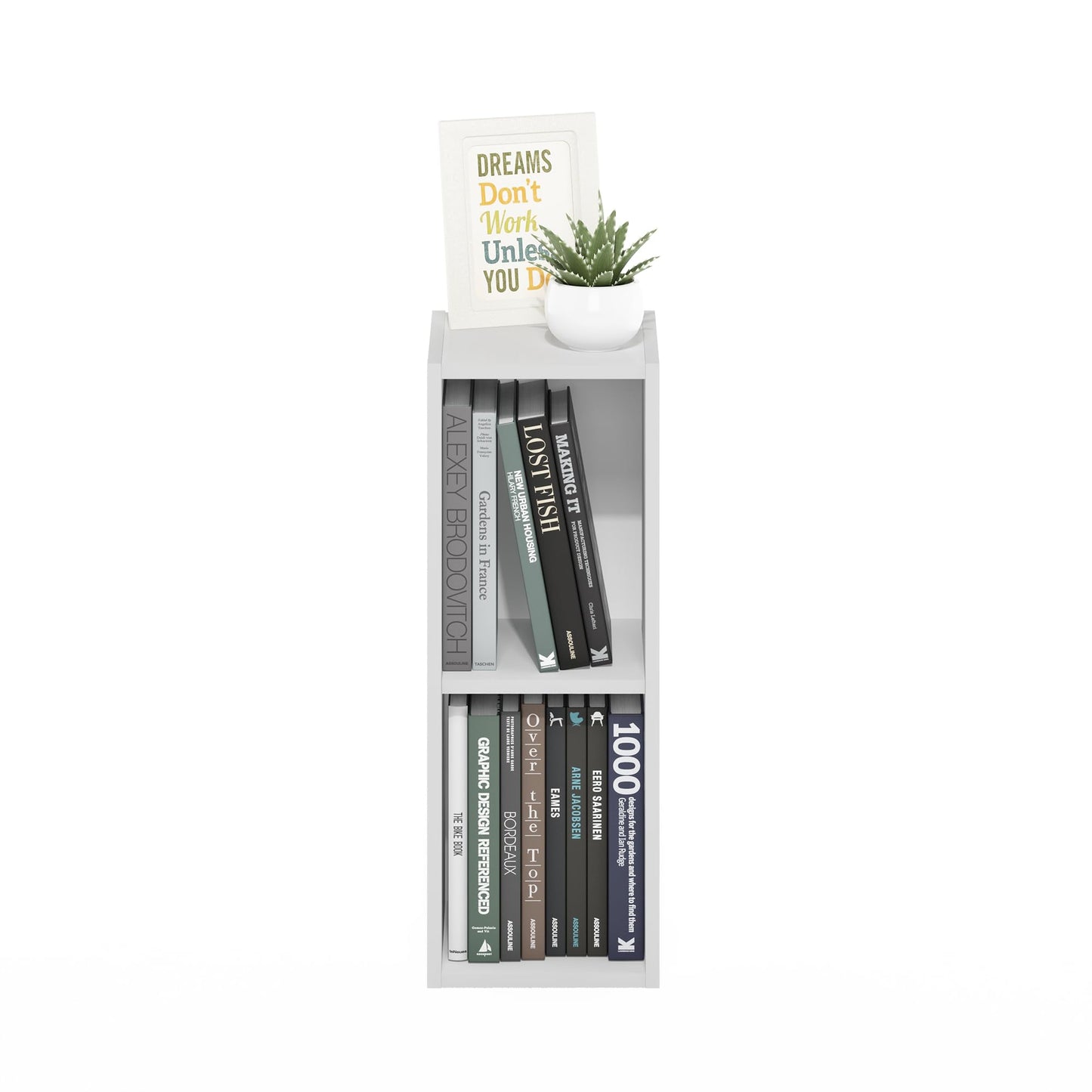 Furinno Fulda 2-Tier Space Saving Storage Shelf Bookcase, 8-Inch Width, White