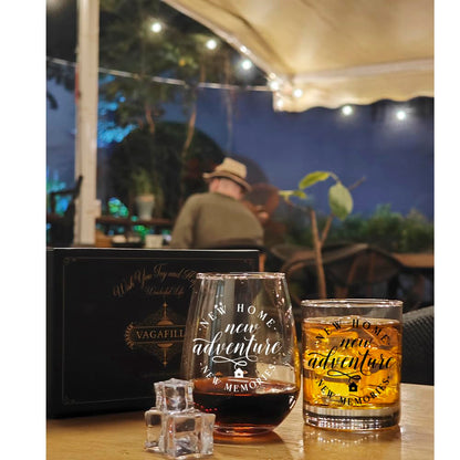 Vagafilla New Home New Adventure New Memories Stemless Wine & Whiskey Glass Gift Set 15oz, Funny Housewarming Gift for New Homeowner Hostess Realtor Clients Friends Bride Parent Groom Wine Lover-2