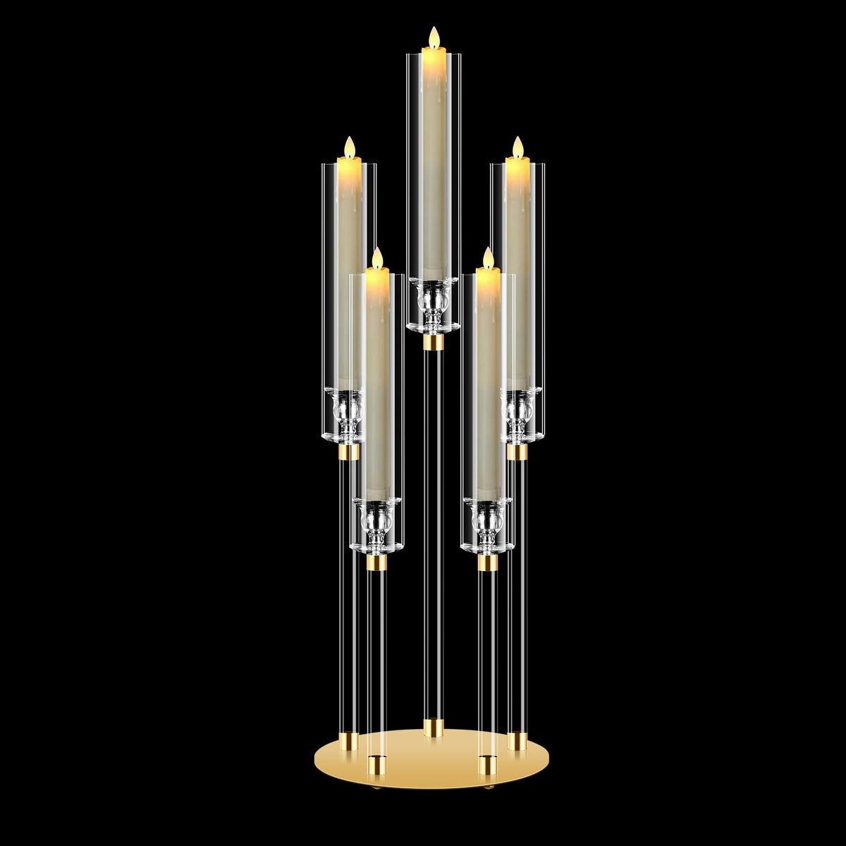 5 Arm Gold Candle Holder, Mjkeomo 26'' Tall Candelabra Centerpieces for Tables Clear Candlesticks Holder for Housewarming Gift Fireplace Halloween Christmas Wedding Decor Fit 0.82'' LED Candle