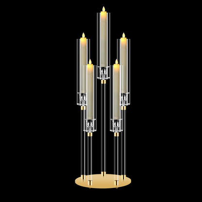 5 Arm Gold Candle Holder, Mjkeomo 26'' Tall Candelabra Centerpieces for Tables Clear Candlesticks Holder for Housewarming Gift Fireplace Halloween Christmas Wedding Decor Fit 0.82'' LED Candle