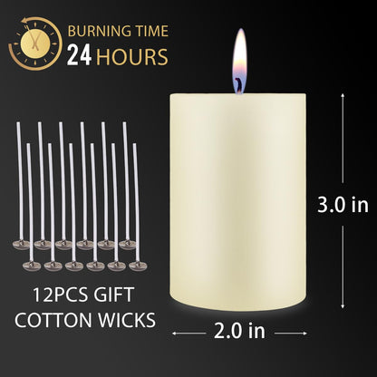 2"x3" Ivory Pillar Candles, Hand-Poured Candles Set of 12, Emergency Candles, Dripless Pillar Candles for Weddings, Parties, Halloween, Church, Home Décor