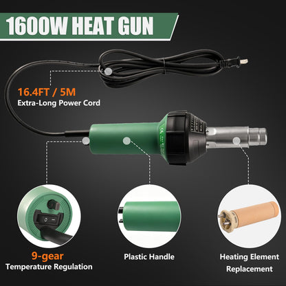 1600W Heat Gun Kit 110V, Plastic Welder with 16.4FT Power Cord, Hot Air Gun for PVC Roofing, Vinyl Floor, Plastic Repair, 2 Welding Nozzles & Silicone Roller Included