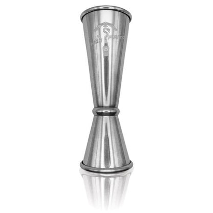In High Spirits Japanese Jigger - 2oz/1oz Stainless Steel Cocktail Jigger with 8 Interior Measurements - Durable, Professional Grade Bartending Tool for Home Bar & Commercial Use