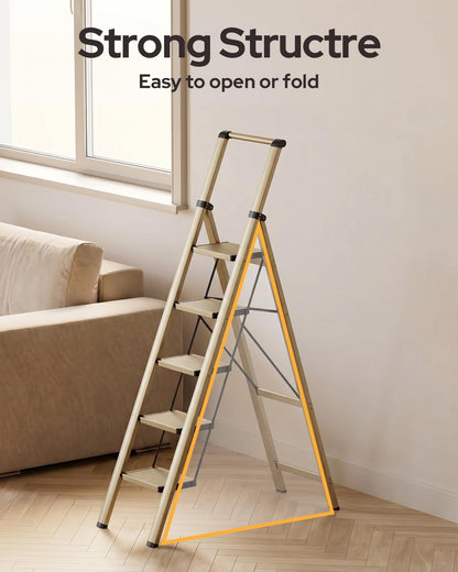 GameGem 5 Step Ladder for 10 Feet High Ceiling, Lightweight Aluminum Folding Step Stool with Convenient Handgrip, Stepladders with Anti-Slip and Wide Pedal for Home Use Space Saving - Gold