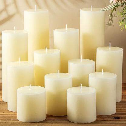 Shihanee 24 Pcs Pillar Candles 3 in x 3,4,5,6,8,10 Dripless Unscented Smokeless Candle Long Burning Decorative Rustic Candles with Cotton Wick for Wedding Home Fireplace (Ivory White)