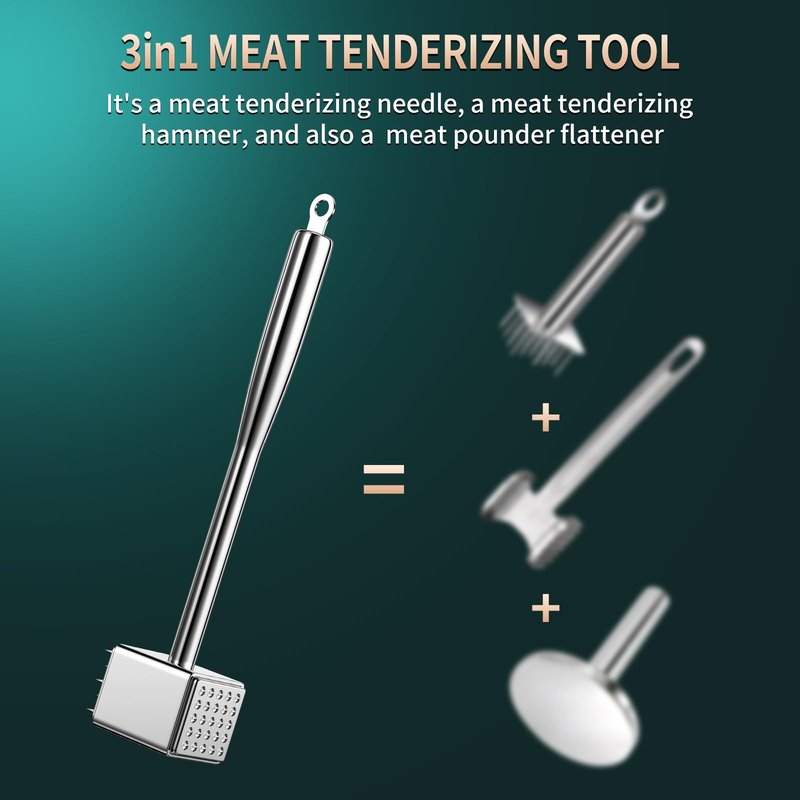 316 Stainless Steel 3in1 Meat Tenderizer Tool, BOMANSI BOMS Heavy Duty 1.52lb Meat Mallet Hammer Pounder Ideal for Tenderizing Steak, Poultry & Chicken Cutlet, Dishwasher Safe