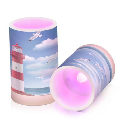 WEVIBOFU Lighthouse Seagull Beach Flickering Flameless Candles LED Battery Operated with Remote Timer Pillar Candles for Home Birthday Wedding Christmas Decor, Set of 2