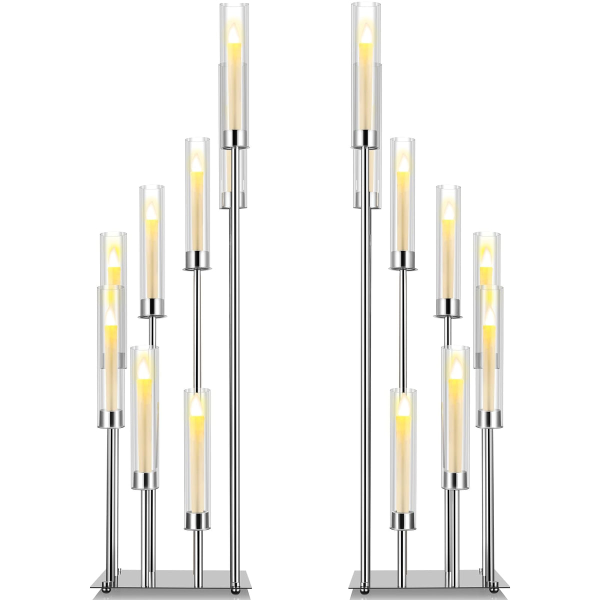 Dandat 41.5" Tall Floor Candelabras, 8-arm Cluster Standing Candle Holders with Clear Acrylic Shades, Silver Wedding Centerpiece Candelabra for Flameless/LED Taper Candles, Party & Event Decor(2 Pack)
