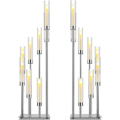 Dandat 41.5" Tall Floor Candelabras, 8-arm Cluster Standing Candle Holders with Clear Acrylic Shades, Silver Wedding Centerpiece Candelabra for Flameless/LED Taper Candles, Party & Event Decor(2 Pack)