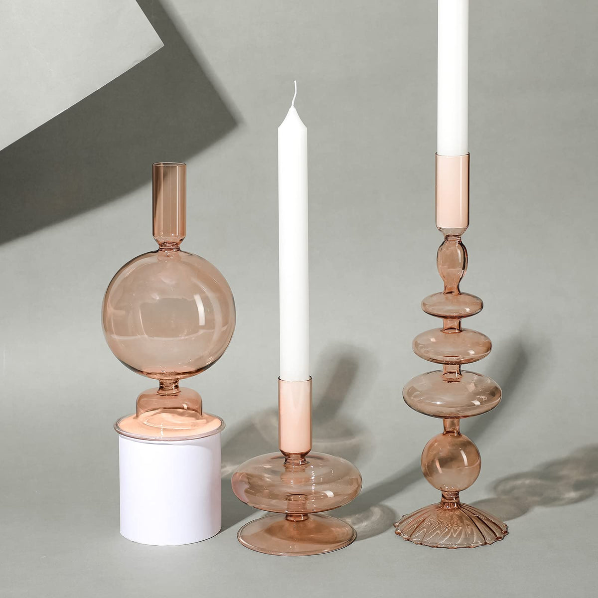 Rtteri 3 Pcs Glass Candlestick Holders Glass Candle Holders Groovy Wavy Elegant Taper Candle Stick for Wedding Home Birthday Party Easter St Patricks Day Decoration Windowsill Decor(Light Brown)
