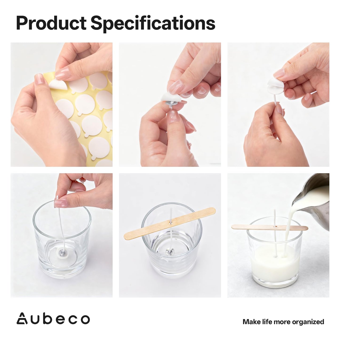Aubeco 240Pcs 6 Inch Pre Waxed Candle Wick with 240Pcs Wick Stickers and 10Pcs Candle Wick Holders, Bulk Cotton Candle Wicks for Candle Making, Soy Wax