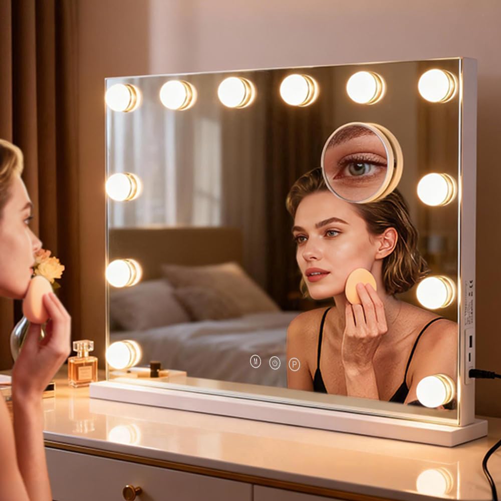 M MIVONDA Vanity Makeup Mirror with Lights: Hollywood Mirror with 15LED Bulbs - Large 23”x19” Desk Mirror for Wall, Dimmable 3 Lighting Modes, Plug-in and USB Charger Port, White