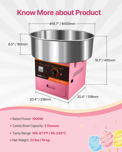 VEVOR Electric Cotton Candy Machine, 1000W Commercial Floss Maker w/Stainless Steel Bowl, Sugar Scoop and Drawer, Perfect for Home, Carnival, Kids Birthday, Family Party, Pink