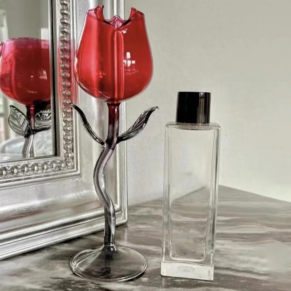 Red Rose Wine Glass Candle Holder Romantic Rose Flower Candle Holder Wedding Centerpiece Tealight Candle Chic Candle Displays(Black)