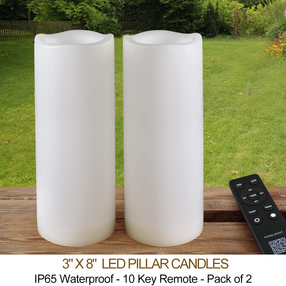 HOME MOST Pack of 2 White LED Candles Outdoor 3x8 - Unscented IP65 Waterproof Battery Powered Flameless Pillar With Remote and Timer - Flickering