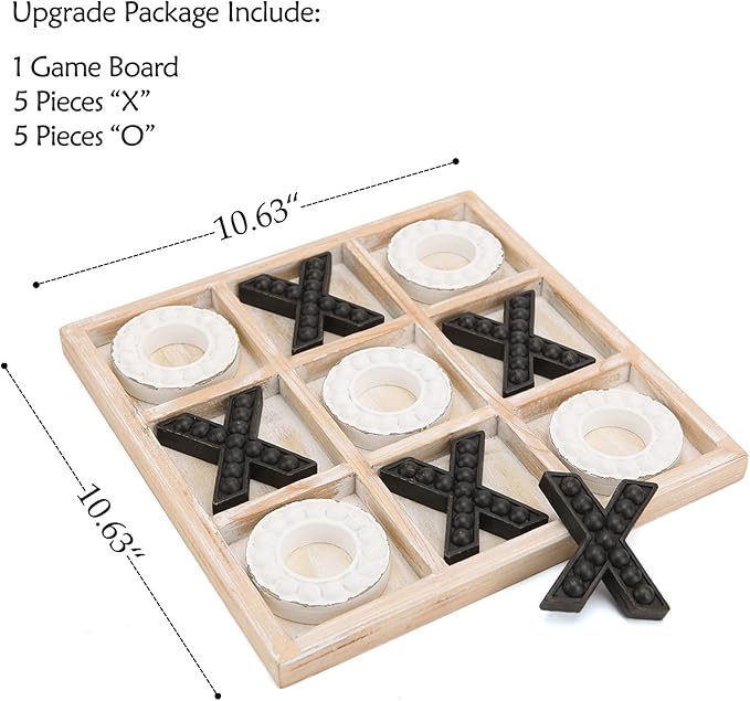 NIKKY HOME Tic Tac Toe Game Coffee Table Decor 10.6 Inch Rustic Wooden Board Black &amp White