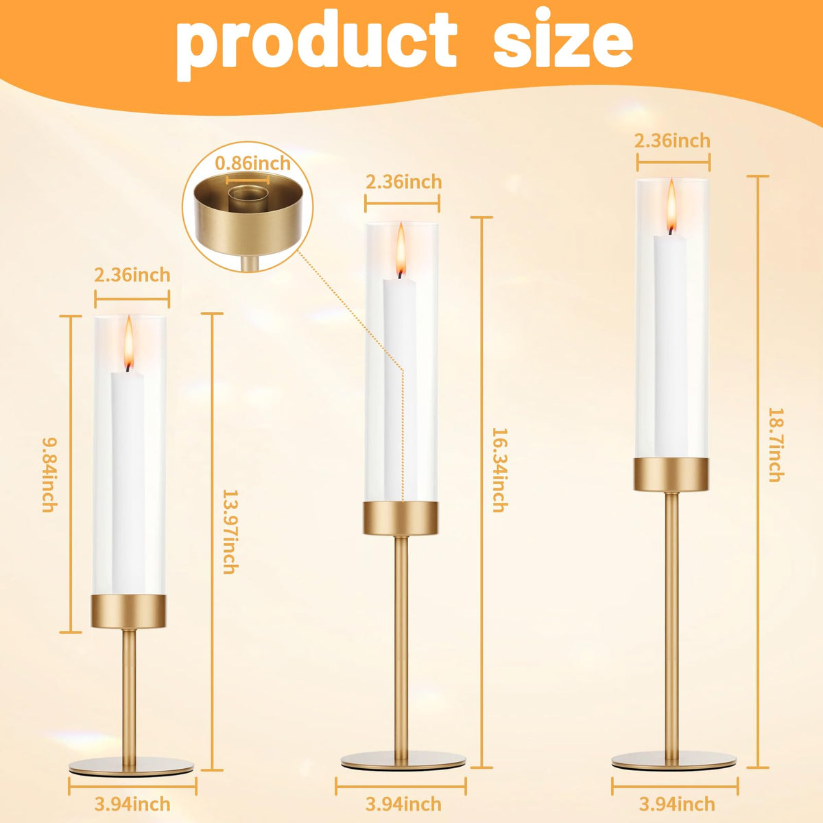 POKINE Set of 6 Gold Candle Holders, Tall Hurricane Candlestick Holders with Glass for Taper and Pillar Candles, Home Decor for Wedding, Christmas, Party, Anniversary, Dining Table