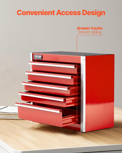 VEVOR Metal Tool Box, 8.6-inch, Portable Metal Tool Box with 5 Drawers, Small Tool Chest with EVA Liners and PP Feet Pads, Heavy-Duty Steel With Ball Bearing Opening and Powder Coated Finish, Red