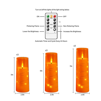 kakoya Flameless LED Candles with Timer 9 Pc Flickering Flameless Candles for Romantic Ambiance and Home Decoration Stable Acrylic Shell,with Embedded Star String，Battery Operated Candles（Orange）