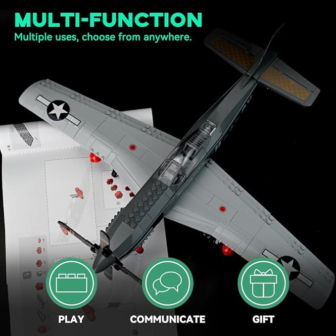 Air Force Series P-51 Mustang Fighter Airplane Military Building Set Adult Gift Compatible with Lego (258 Pieces)