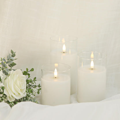 Mingfuxin Clear Glass Flickering Flameless Candles with Remote, White Wax Battery Operated LED Pillar Candle with Timer for Party Wedding Decoration, Set of 3