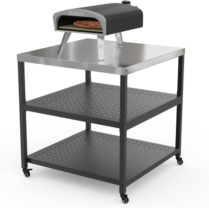 Mimiuo 31.5" Square Pizza Oven Stand – Heavy Duty Stainless Steel Table for Ooni, Blackstone, Ninja, Outdoor BBQ Cart with 3 Adjustable Shelves, Locking Wheels, Propane Tank Compatible 31.5x31.5x33 in