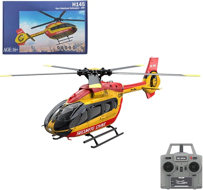 C190 Remote Control Helicopter for Adults 1:30 Scale H145 RC Helicopter 2.4G 6CH Single Propeller Aileron Free Optical Flow Positioning Six-axis Gyroscope Stabilization (Red Yellow(1 Battery))