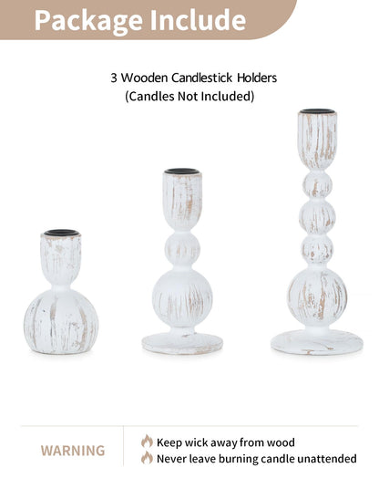 NUPTIO Taper Candle Holders Decor: Set of 3 Wooden Candlestick Holders Mantel Decor - Boho Farmhouse Rustic White