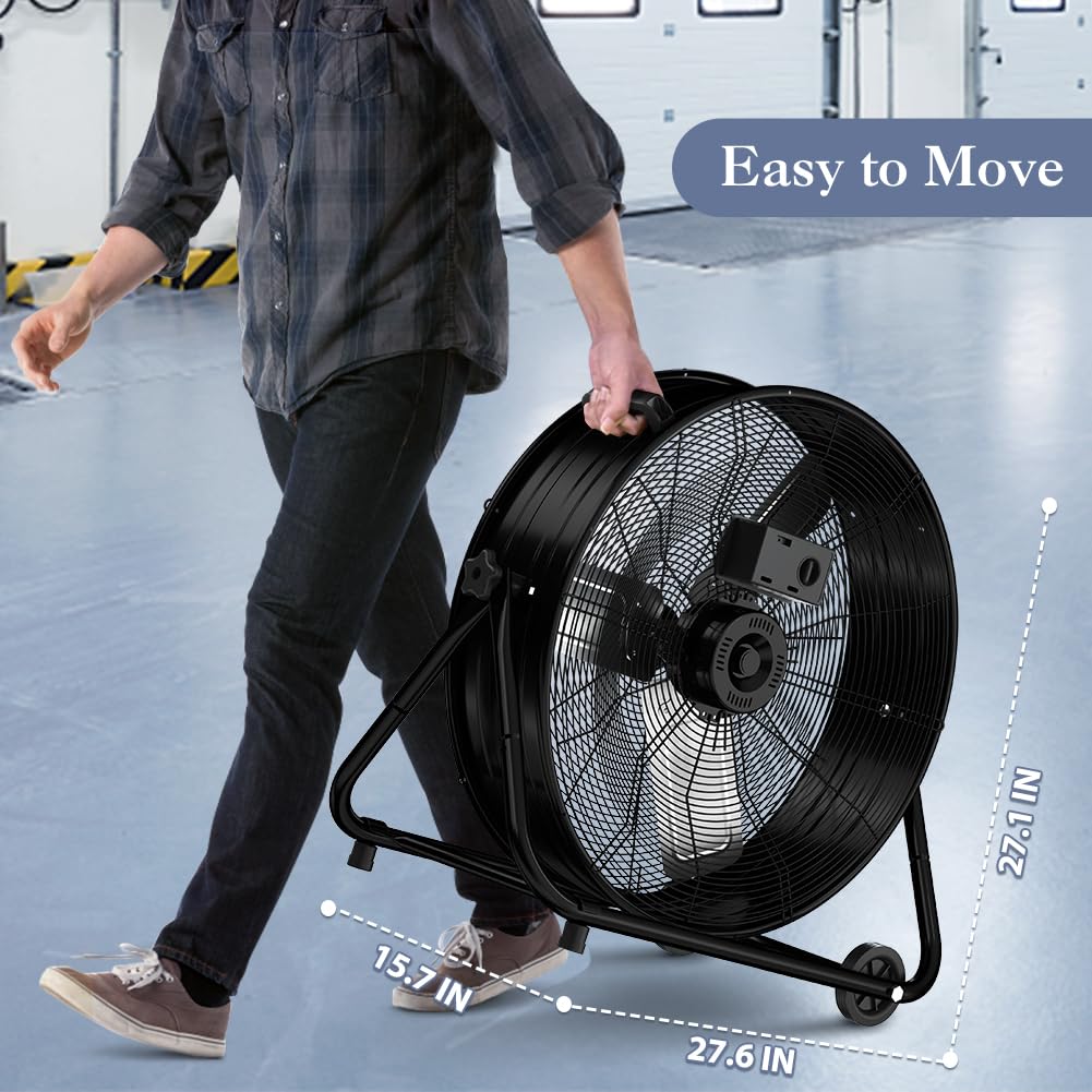 LifePlus 24 Inch Industrial Drum Fan High Velocity Floor Shop Fan 3 Speed, Heavy Duty Metal Air Circulator with Adjustable Tilt & Large Wheel for Warehouse, Garage, Factory, Patio, Barn, Black