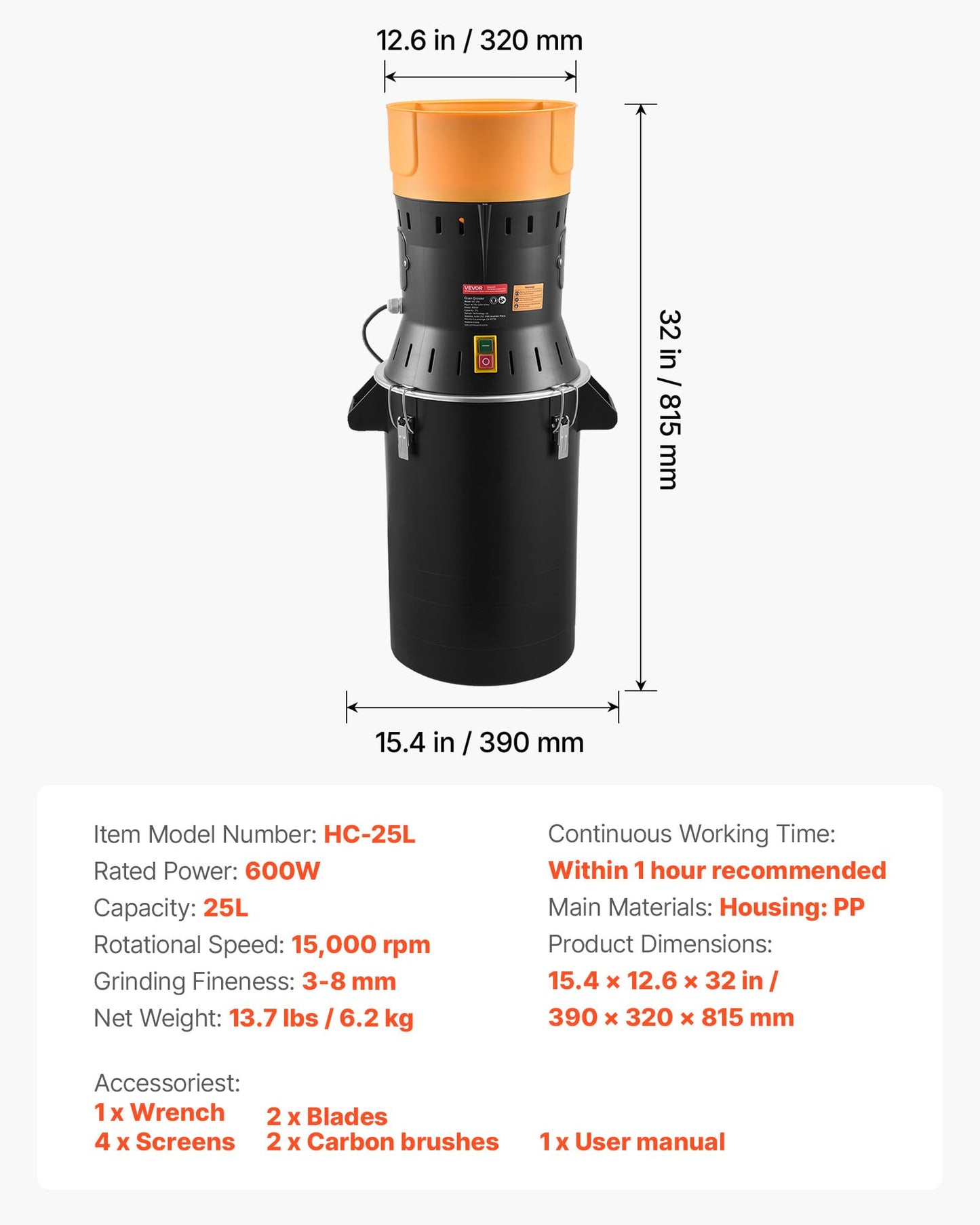 VEVOR Electric Grain Mill Grinder, 600W High Power Commercial Spice Grinder, 6.6 Gal Pulverizer Powder Machine with Galvanized Sharp Blades, for Dry Grains, Spices, Cereals, Coffee, Corn & Pepper