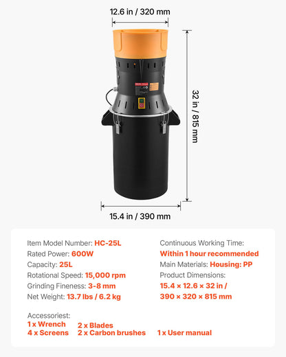 VEVOR Electric Grain Mill Grinder, 600W High Power Commercial Spice Grinder, 6.6 Gal Pulverizer Powder Machine with Galvanized Sharp Blades, for Dry Grains, Spices, Cereals, Coffee, Corn & Pepper