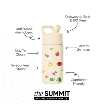 Simple Modern Kids Summit Water Bottle with Straw Lid | 14oz Stainless Steel Cup Insulated Tumbler for Toddlers, Girls, Boys, School | Veggie Garden