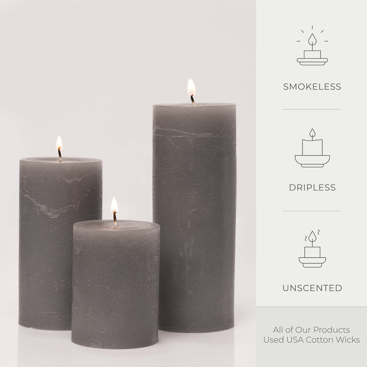 BASK Mottled Unscented Cool Grey Pillar Candles Set of 3 - Dripless Large Smokeless Pillar Candles for All Occasions