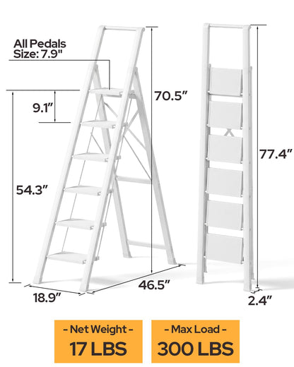 GameGem 6 Step Ladder for 12 Feet High Ceiling, Lightweight Aluminum Folding Step Stool with Convenient Handgrip, Stepladders with Anti-Slip and Wide Pedal for Home Use Space Saving - White