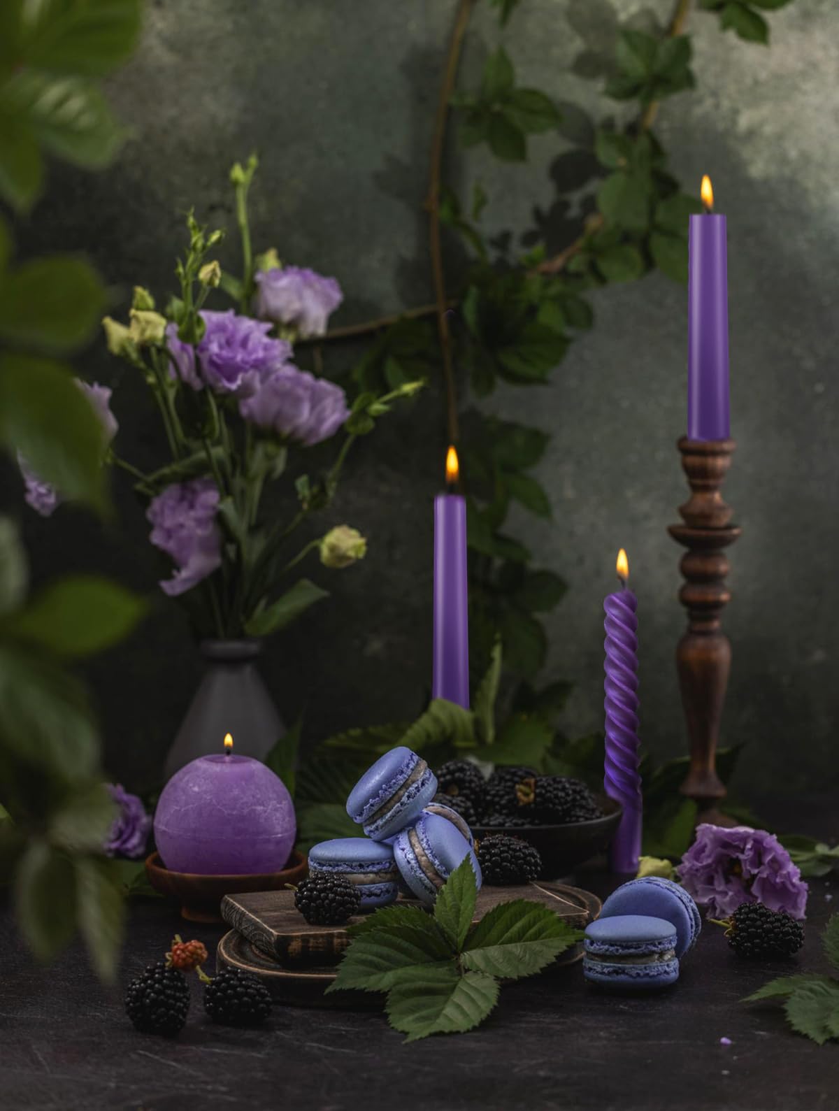 Royal Purple Taper Candles 6 Pack and Spiral Candles 6 Pack Set, 10 Inch Elegant Dripless Unscented Candlesticks for Weddings, Dinners, Parties and Home Decor