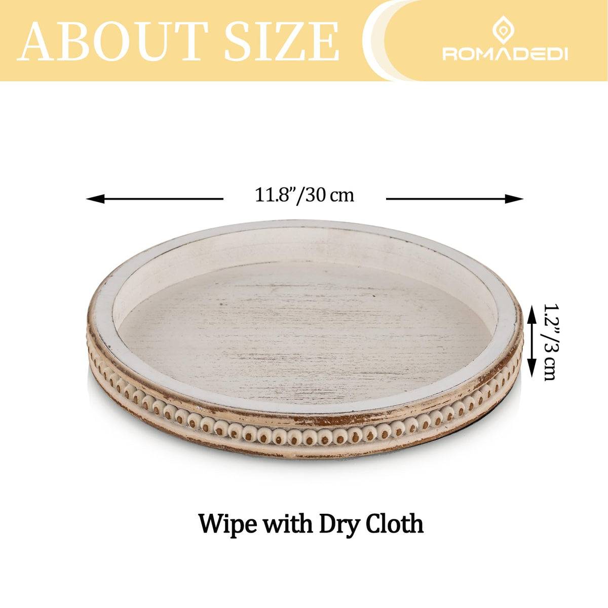 Farmhouse Wood Tray Candle Holder - Romadedi Bead Round Wooden Decorative Tray for Coffee Table Decor Serving Trays Kitchen Counter Rustic Centerpiece for Living Room Home Organizer, White Washed