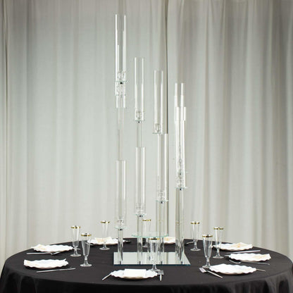 Efavormart 4.5ft Crystal 12-Arm Cluster Glass Candelabra Floral Pedestal Stand, Square Hurricane Taper Candle Holder Stand