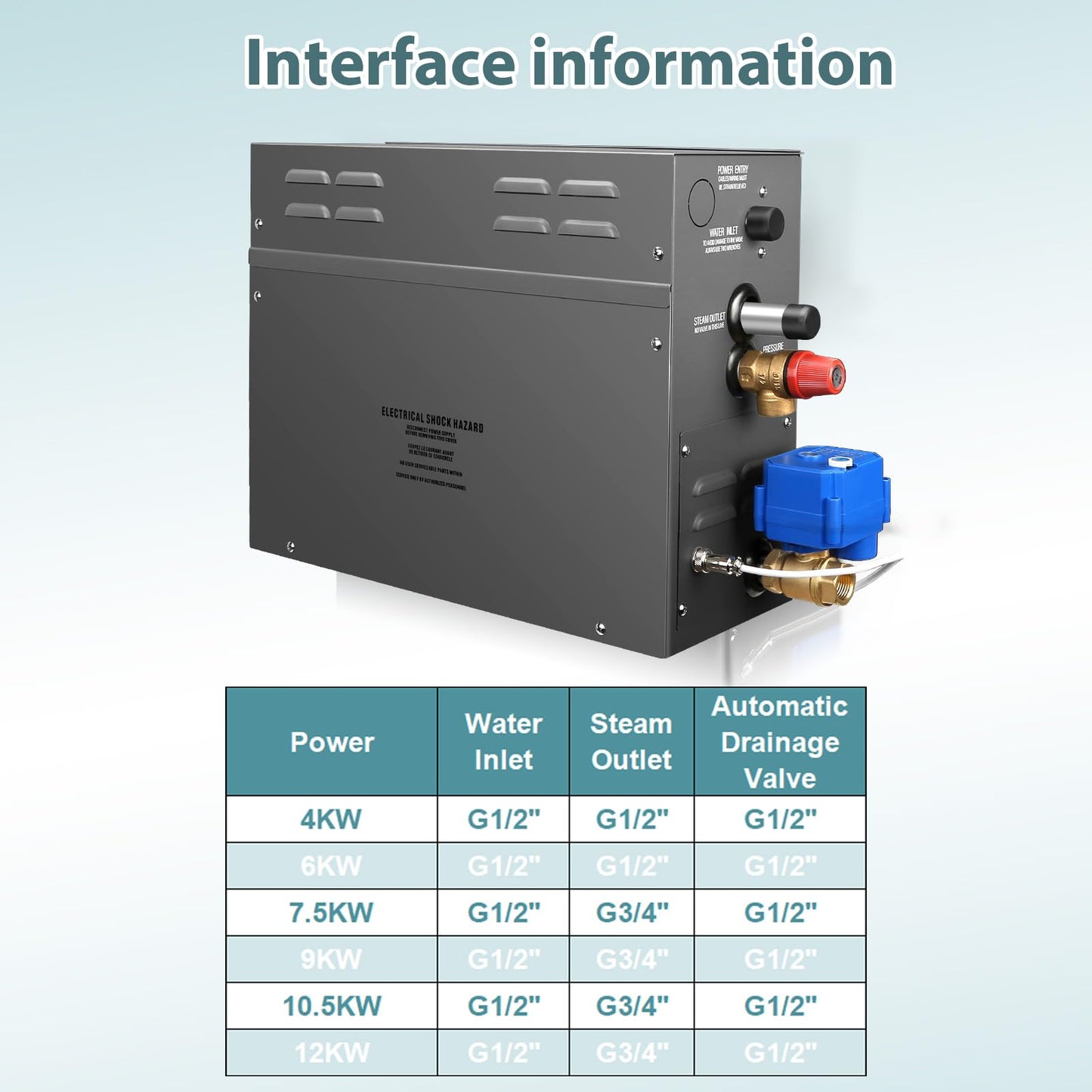 12KW Steam Generator-Quick start continuous steam，with Black digital control panel Self-Draining System, 95-131°F Temp Control,Can be used for heating a space area of 12m ³/460Cu.ft.(12KW 220V)
