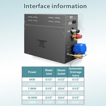 12KW Steam Generator-Quick start continuous steam，with Black digital control panel Self-Draining System, 95-131°F Temp Control,Can be used for heating a space area of 12m ³/460Cu.ft.(12KW 220V)
